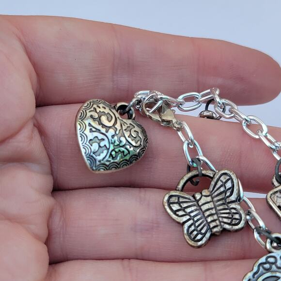 Vintage silver charm bracelet boho tribal butterfly heart eclectic 90s - Picture 8 of 10